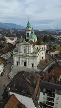 Aerial view of the St. Ursus Solothurn Cathedral in the city of Solothurn, Switzerland