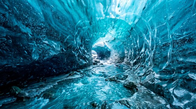 Blue ice cave interior with flowing glacial river and textured frozen walls in a horizontal landscape photography shot