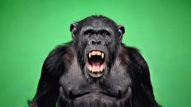 Chimpanzee Displaying Aggression with Open Mouth and Teeth on Green Background.