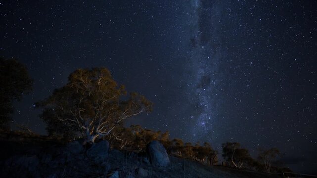 Milky Way Galaxy Outback Landscape Time Lapse Australia Timelapse Night skies Star lapse Sydneys NSW Canberra Northern Territory Uluru mountainside Jindabyne Snow Gum Eucalyptus Tree cloud movement