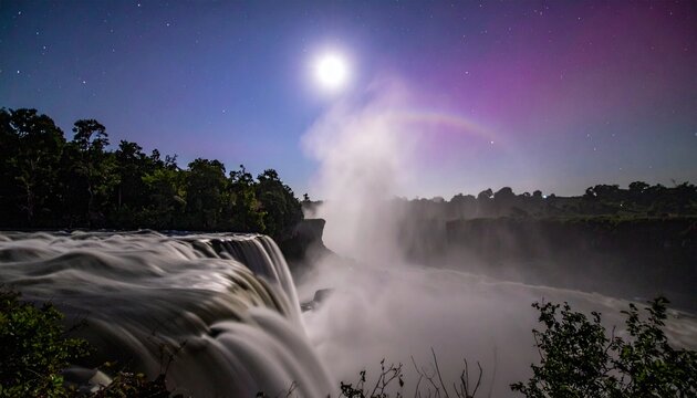 Waterfall mist with moonbow and full moon at night