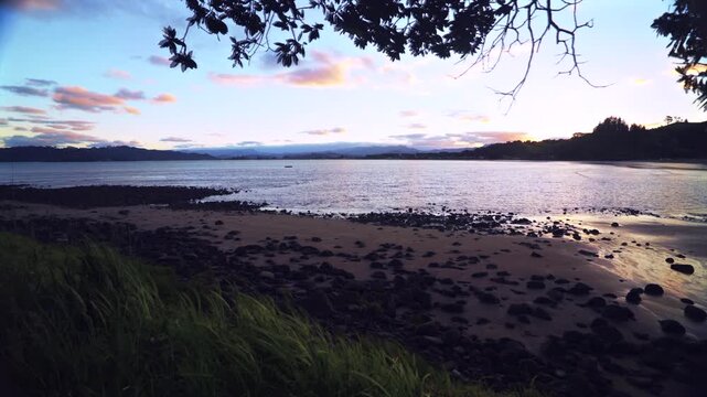 Coromandel Sunset Time Lapse timelapse North Island Auckland Wellington Picton New Zealand cloud movement golden hour Hauraki Gulf Cook Straight Harbor View Stanley Bay shoreline Waikato Region static