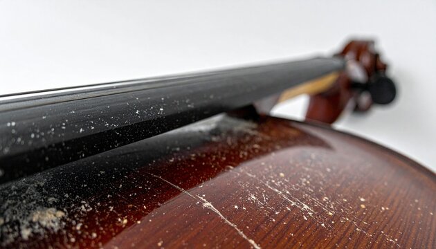 Close-up of cello bow applying rosin to gut strings on ebony fingerboard