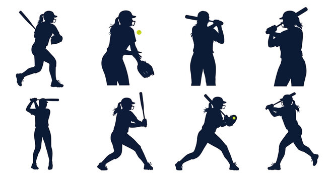 Female softball players in various athletic action poses