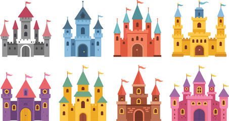 Obraz premium Fairytale castle collection, colorful fantasy palace illustrations for kids and medieval themed vector design isolated background