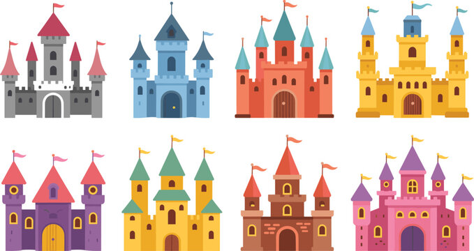 Fairytale castle collection, colorful fantasy palace illustrations for kids and medieval themed vector design isolated background
