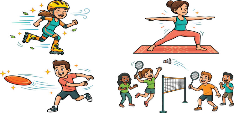 Cartoon active people sports vector set roller skating practicing yoga throwing frisbee playing badminton game