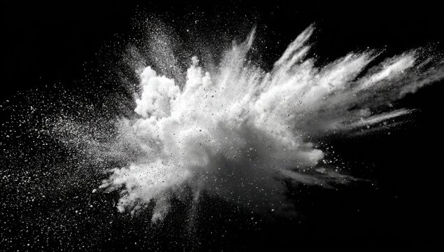 Explosion of White Powder Against a Stark Black Background.