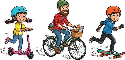 Active family characters riding kick scooter bicycle and skateboard in outdoor city street vector illustration\ © MST HASMOTARA