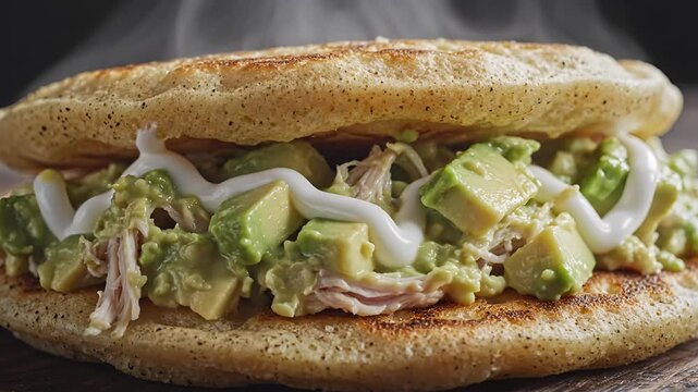 Delicious Arepa with Shredded Chicken and Avocado Filling.