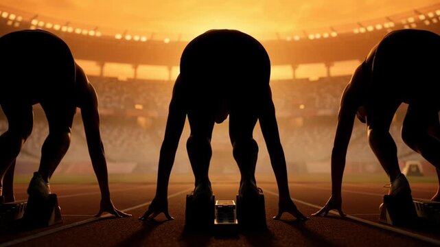 Athletes at starting blocks, stadium lights, race beginning, sunset