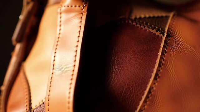 Stitched leather patchwork of various shades of brown, close-up texture