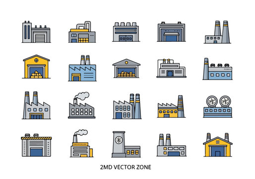 Collection of colorful industrial factory and building vector icons in flat style