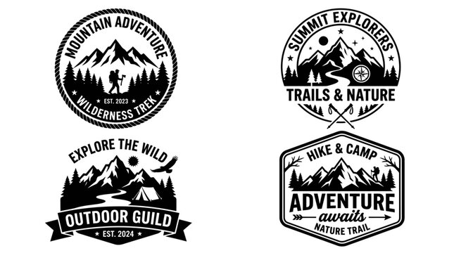 Black and white adventure badges.