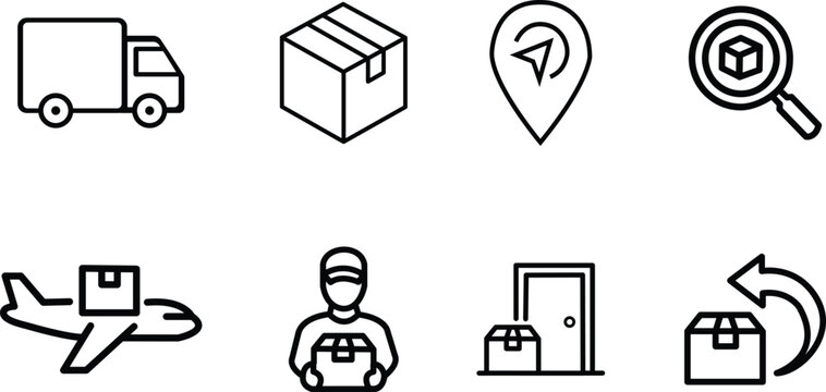Online shopping and delivery service line icon set with return policy and tracking symbols