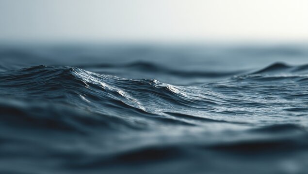Close up of deep blue ocean waves with a hazy horizon.
