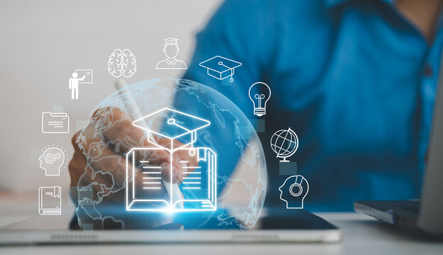 Person hand presenting digital education knowledge interface, Modern e-learning concept with study online, Smart educational technology, online course platform and future learning network concept