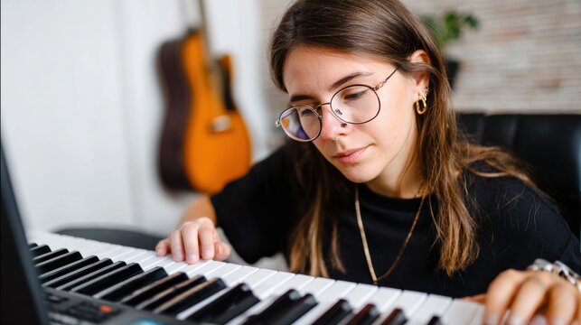 Young woman playing electronic keyboard in home music studio. Focused female musician composing melodies with digital piano, creativity and modern music production indoors