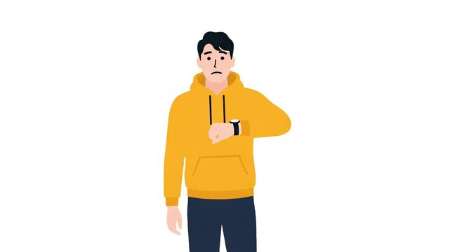 A 2D animated character illustration of a young man in a yellow hoodie looking worried and checking his wrist smartwatch to monitor his heart rate or countdown time. Great for health tracking apps, st