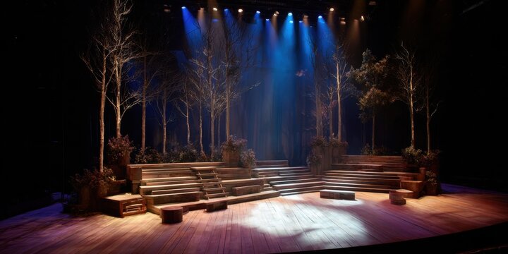 Enchanting forest stage set with wooden benches and atmospheric lighting.