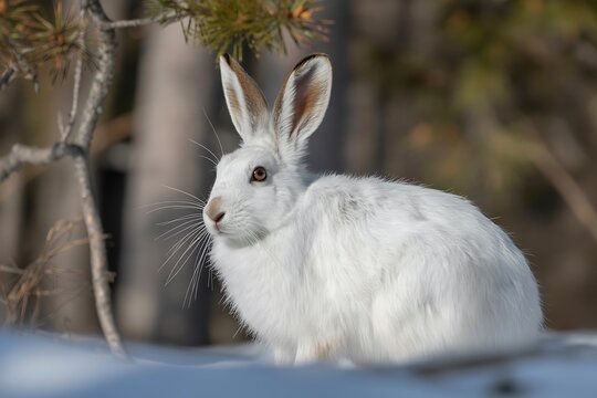 White snowshoe hare sitting calmly in snowy winter forest with fluffy fur and alert ears surrounded by tall trees and a serene natural atmosphere