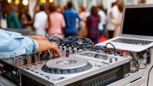 DJ mixing music on professional controller during outdoor party event. Modern musician performing live with laptop, audio equipment, crowd and electronic dance music atmosphere