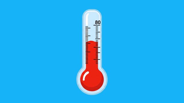A flat 2D vector animation of a medical thermometer with the red mercury column rapidly rising up to show a high fever temperature against a solid blue backdrop. Perfect for healthcare explainer video