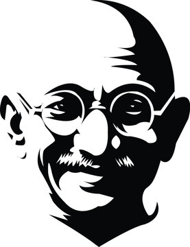 Black and white vector illustration of Mahatma Gandhi's iconic portrait, a symbol of peace and non-violence