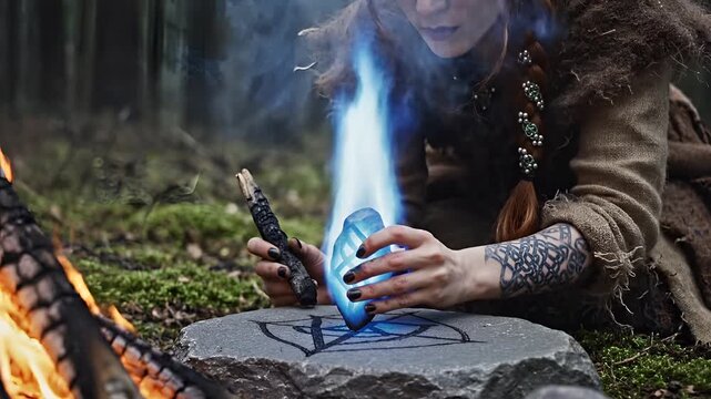 Mysterious Ritual in Forest with Fire and Magic Crystal.