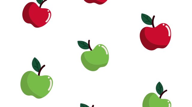 Cartoon falling apples animation background featuring red and green fruit sliding down on white.
