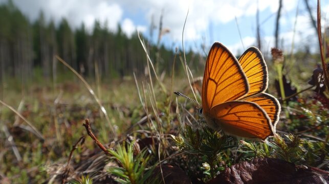 Copper butterfly resting on green moss under sunlight in forest meadow