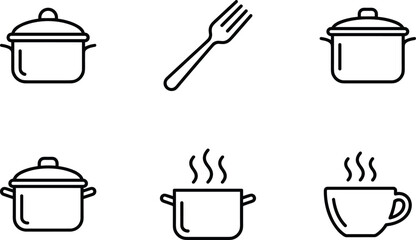 Obraz premium Set of Simple Black Kitchen and Cooking Icons Including Pots, Fork, Hot Pot, and Cup for Cooking, Culinary, Food, and Restaurant Design