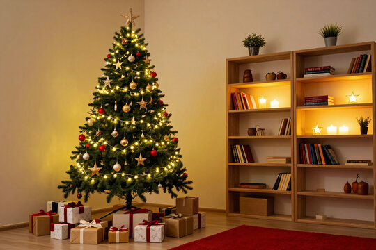 Cozy room with a decorated Christmas tree. Festive lights, stars, and ornaments adorn the tree.