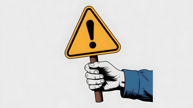 Hand holding warning sign with exclamation mark on white background caution symbol