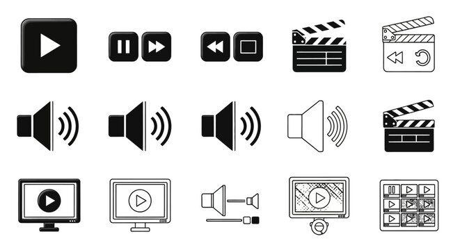 Black and white video icons set.