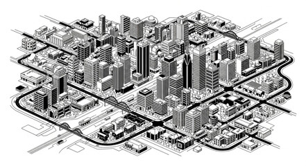Fototapeta premium Detailed Isometric Drawing of a Bustling Cityscape with Tall Buildings and Roads.