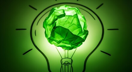Obraz premium Green crumpled paper ball inside a lightbulb representing an idea