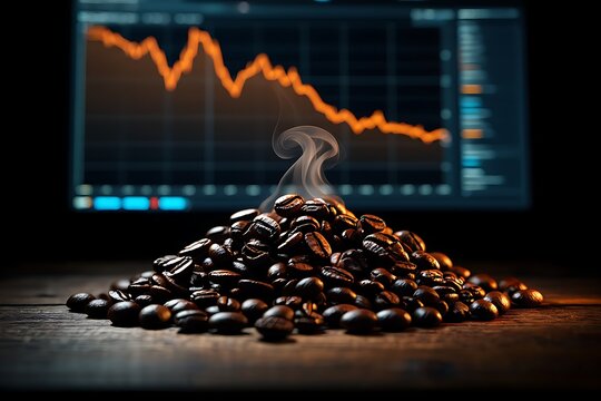Fresh roasted cocoa beans on wooden table with blurred financial chart background showing rising growth line, representing global commodity market, investment, agriculture, business analysis visual