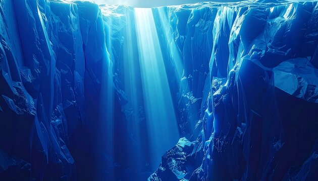 Sunlight streaming through deep blue glacier crevasse with ice walls