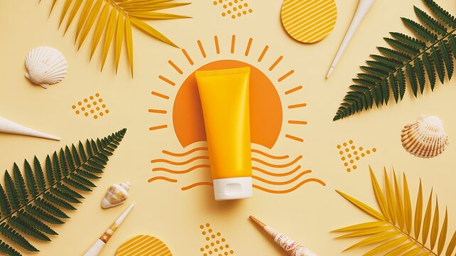 Sunscreen tube with tropical leaves and summer beach theme background