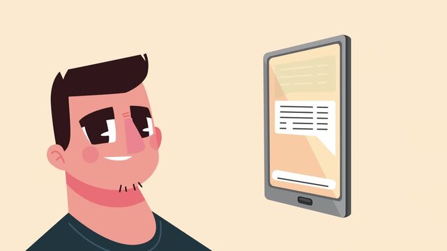 Young man using tablet with chat bubbles animation in flat cartoon style.