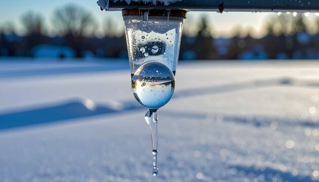 Translucent icicle with trapped air bubble hanging from roof edge in winter sunlight