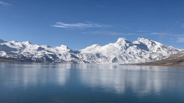 A stunning 30 second continuous view of the majestic Kula Kangri glacier peaks towering over the serene blue waters of Puma Yumco lake in Tibet.
