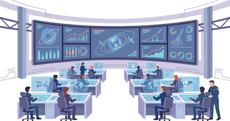 Space Mission Control Center with Diverse Team of Professional Operators Monitoring Satellite Data Global Communications and Rocket Launch Orbital Trajectories on Large Digital Screen Displays © Yousuf