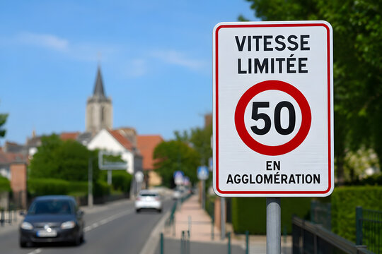Speed limit sign, 50 kilometer traffic road, urban street driving scene with European road sign, residential city area, vehicle safety regulation, maximum speed restriction, transportation infrastruct