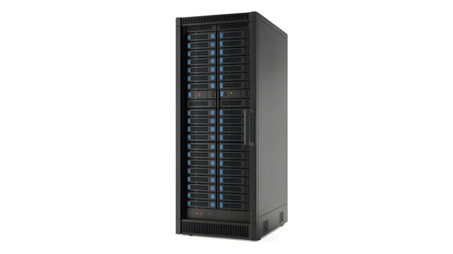 Black server tower with blue lights and ventilation grills on a white background for data storage and network infrastructure