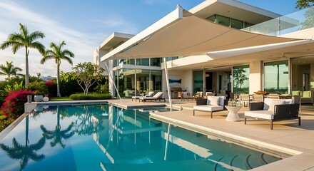 Fototapeta premium Luxury outdoor living space with pool and patio furniture by a contemporary house