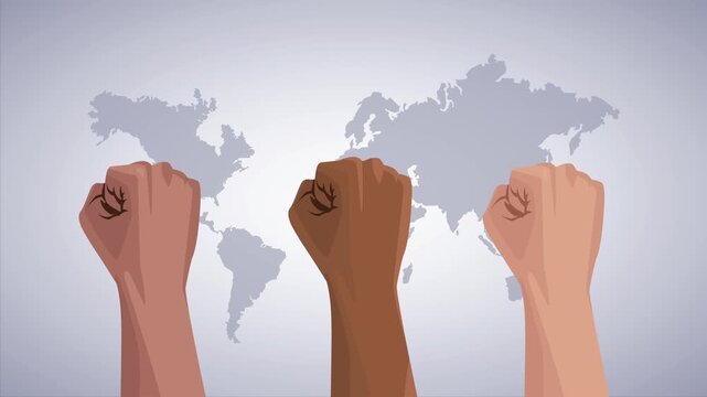 Animation of diverse fists raised in protest against world map background representing global movement for equality.