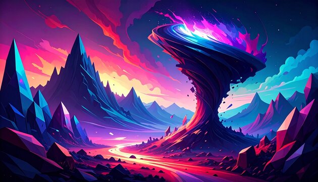 Shattered crystal tornado swirling over futuristic mountain landscape at dusk