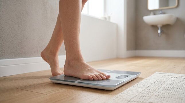 Close-up of a woman's feet stepping on a digital bathroom scale to check weight - health and wellness concept.